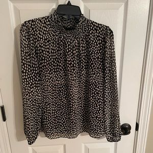 J. Crew black and cream dot blouse; ruffle neck; size medium.